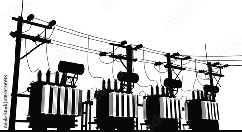 Vector silhouette of large electrical transformers and power poles, illustrating electricity distribution, power generation, energy industry, voltage regulation, and utility infrastructure.