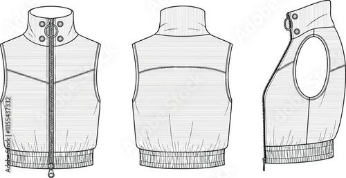 Vector technical fashion flat sketch of women's sleeveless high neck crop top with zipper, eyelets, and elastic hem in front, back, and side views.