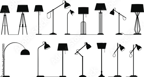 Floor Lamp Silhouette Collection in Two Rows, Modern Lighting Design, Home Decor, Interior Style, Black Vector Icons Set