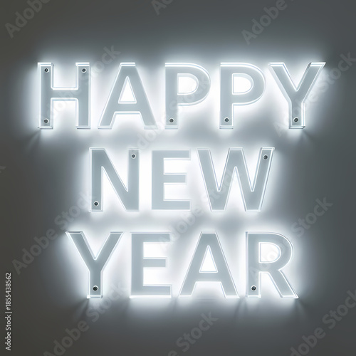 Glass letters “HAPPY NEW YEAR” illuminated by soft white light, clean modern background
