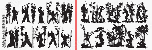 tribal people silhouettes vector, jungle human clipart, primitive warrior illustration, ethnic dance svg, ancient tribe graphics, wild people shadows, cultural silhouette art, forest tribe vector, rit
