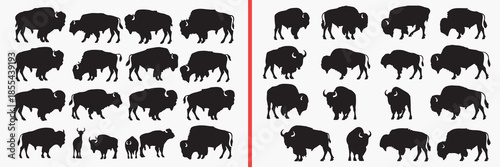 bison silhouette vector, buffalo animal clipart, wild bull svg, prairie wildlife illustration, strong animal shadows, american bison graphics, black buffalo silhouettes, nature animal vector, wildlife