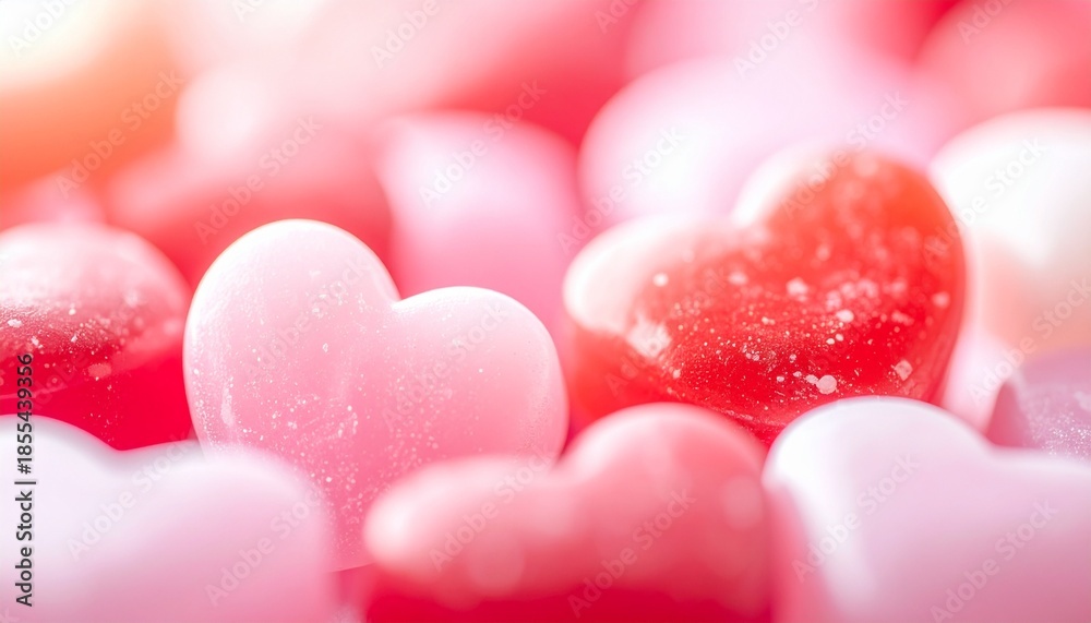 Fototapeta premium Close-up of Sweet Heart-Shaped Candies in Shades of Pink and Red.