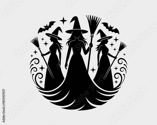Three witches coven silhouette halloween illustration