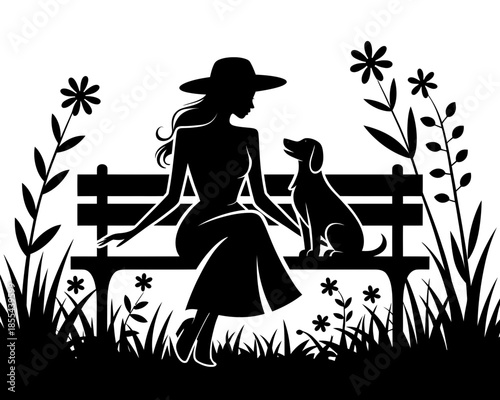 Woman and dog sitting on park bench silhouette