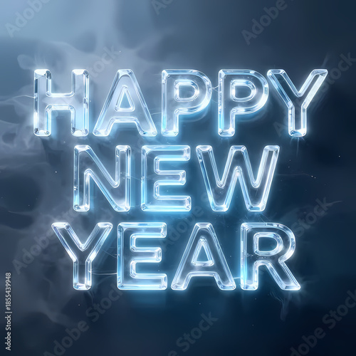 Clear crystal text “HAPPY NEW YEAR” with icy blue glow and light mist