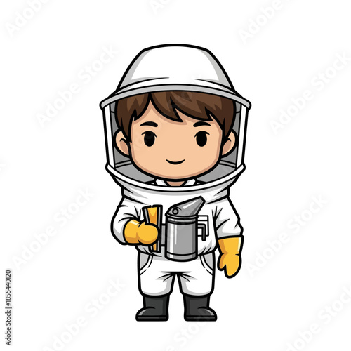 Cartoon beekeeper boy in protective suit.