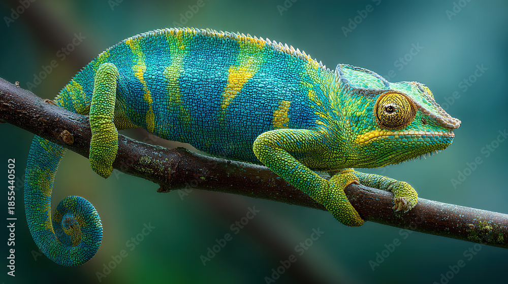 Fototapeta premium Colorful Chameleon Resting on Tree Branch
