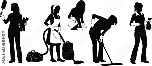 Cleaning service silhouettes set, female janitor figures with vacuum, mop, and spray, professional house keeping vector illustration for domestic hygiene company marketing