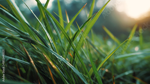 Fresh green grass blades with dewdrops and sunlight in the early morning