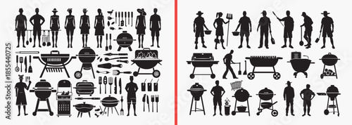 barbecue silhouette illustration, outdoor cooking icons, bbq grill vector set, picnic food silhouettes, grilling equipment graphics, cookout illustration pack, bbq party elements, outdoor kitchen clip