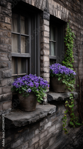 Wallpaper Mural Beautiful purple flowers in pots by vintage stone windows Torontodigital.ca