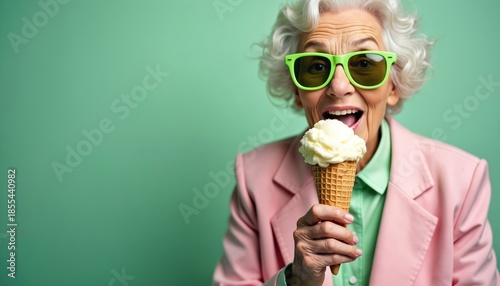 Elderly woman wears green glasses, eats ice cream cone. Pastel pink jacket over mint shirt. Green background offers copy space for creative design needs.