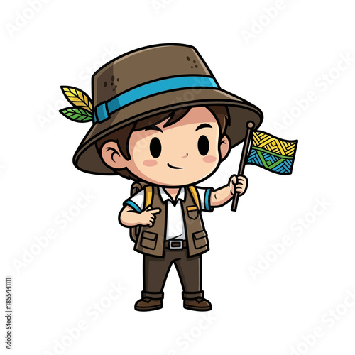 Cartoon Boy Wearing Hiking Hat Holding Flag.