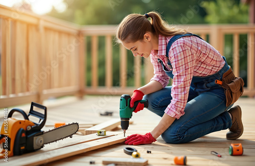 Young woman drills wood planks for deck construction. She wears overalls and tool belt, uses power drill and safety gloves. Outdoor DIY project for home improvement.