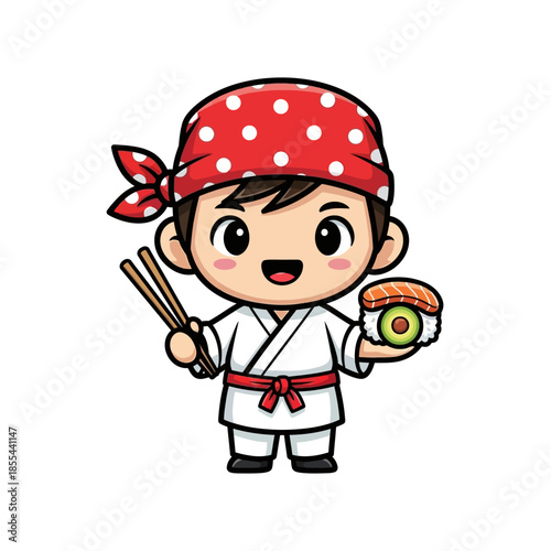 Cartoon Chef Holding Sushi and Chopsticks.