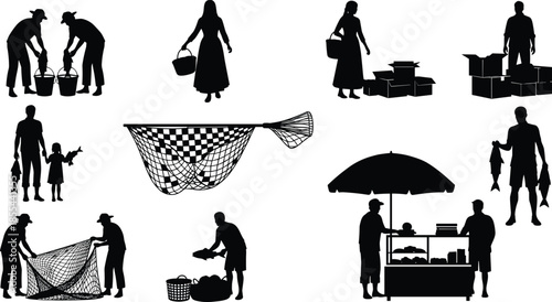 Fishing and market silhouette set, fishermen with nets and catch, people selling fish at stalls, traditional seafood industry icons isolated on white,