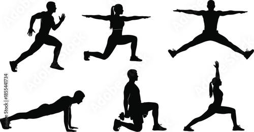 Fitness people silhouette set, men and women doing cardio, lunges, jumping jacks and pushups, athletic training collection isolated on white background vector,