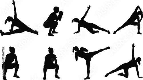 Fitness exercise silhouette set, workout pose vector, stretching and strength training illustration, black and white design, physical activity concept