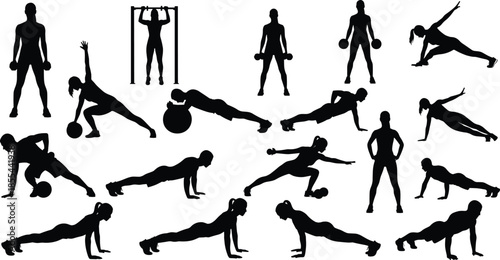Fitness people silhouette set, men and women doing gym workouts, weightlifting, pushups, pullups and core exercises, athletic training collection isolated on white,