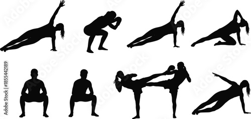 Fitness people silhouettes set, men and women doing gym workouts, weightlifting, pushups, squats and core exercises, athletic training collection isolated on white,
