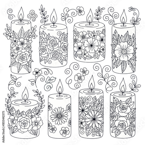 Elegant Floral Candles A Detailed Coloring Page for Relaxation.