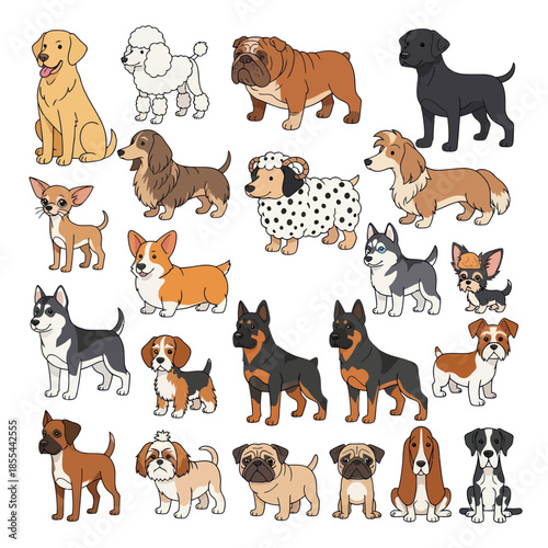 Diverse Dog Breeds A Colorful Cartoon Collection.