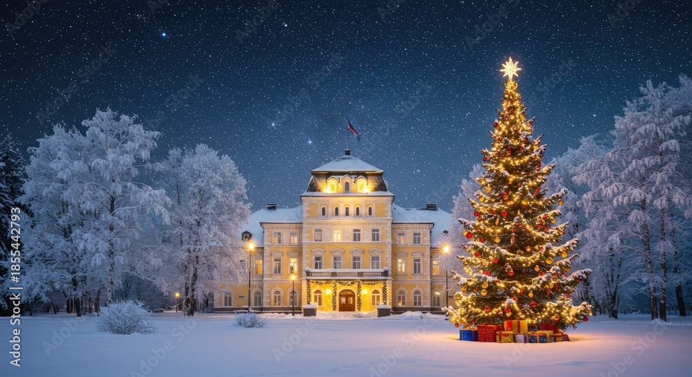 Naklejka premium Snowy night with decorated tree and grand building