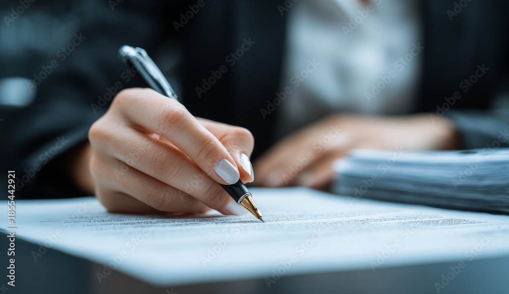 custom made wallpaper toronto digitalA person's hand holding a black and gold ballpoint pen writing on lined paper, with a blurred background of documents and a formal setting