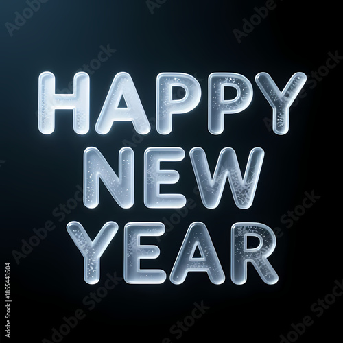 “HAPPY NEW YEAR” in frosted glass text, subtle shimmer, minimal dark backdrop