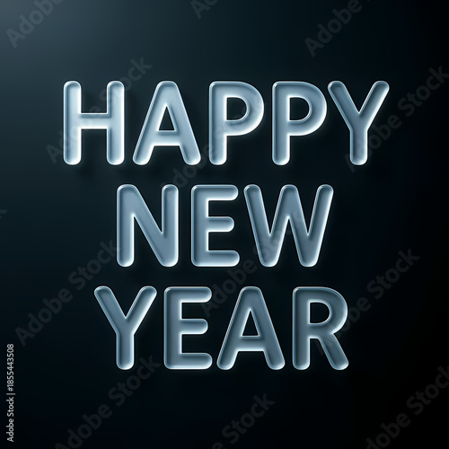 “HAPPY NEW YEAR” in frosted glass text, subtle shimmer, minimal dark backdrop