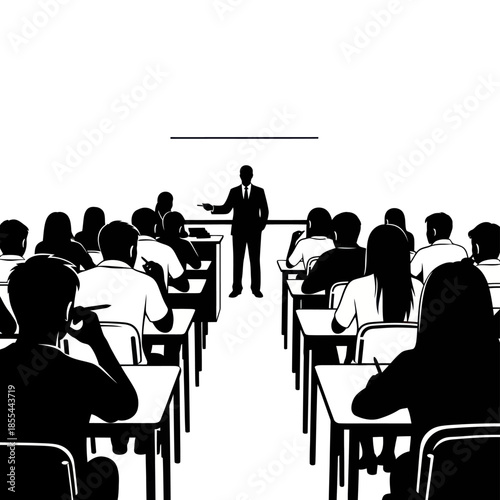 Classroom scene with a teacher lecturing to students in a lecture hall.