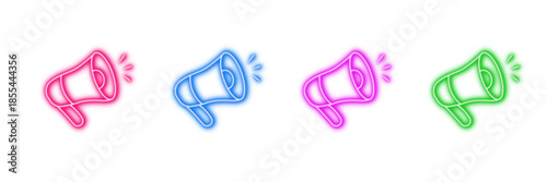 Neon glowing megaphone vector icons set, announcement, communication, marketing, promotion, alert, vibrant colorful digital design illustration on transparent background.