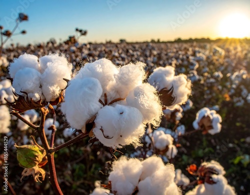 Close-up of cotton plants in a field under a warm sunset glow