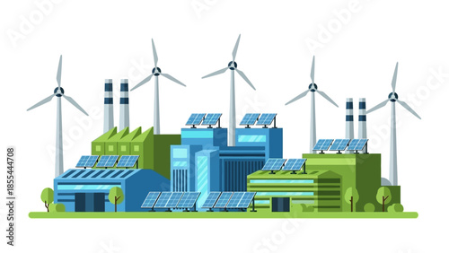 Sustainable Industrial Landscape with Renewable Energy Production and Eco-Friendly Buildings