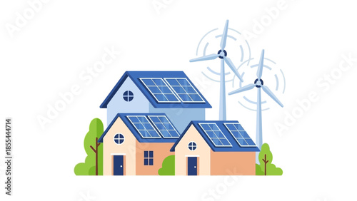 Sustainable Community Living with Renewable Energy: Houses with Solar Panels and Wind Turbines