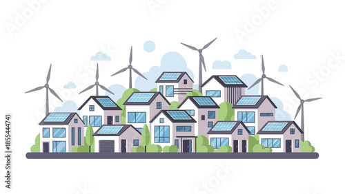 Sustainable Community Living: Green Energy Solutions in a Modern Town Illustration