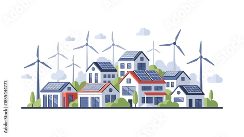 Sustainable Community with Solar Homes and Wind Turbines Generating Clean Energy