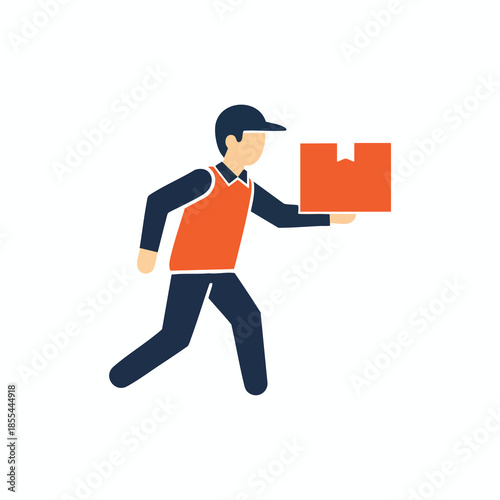 A stylized delivery person is running while carrying an orange package