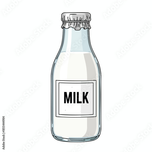 A cartoon-style illustration of a glass milk bottle with a foil cap