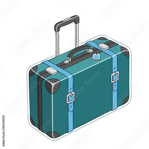 A teal suitcase with straps, corner accents, and a pull handle is centered