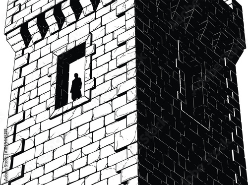 Medieval stone tower with silhouetted figure in window, dramatic solitude scene, architectural vigilance and mystery illustration in black and white
