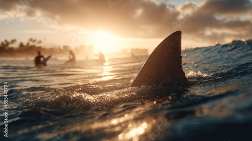 Wallpaper Mural A shark fin emerging above the water surface with surfers in the background at sunset, capturing a dynamic ocean scene Torontodigital.ca
