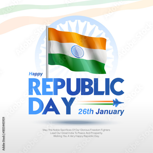Stylish Republic Day vector featuring an Indian flag and fighter jets leaving tricolor smoke trails. Ideal for patriotic celebrations, defence-themed posters, 26 January campaigns, and event promotion