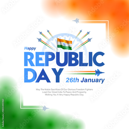 Elegant Republic Day vector design showcasing Indian fighter jets soaring with tricolor smoke effects and a waving national flag. Suitable for event invitations, school celebrations.