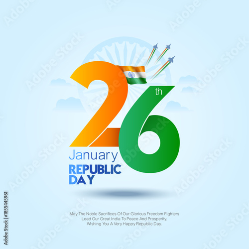 Creative and bold typography-based Republic Day artwork featuring "26" in tricolor style with jets leaving patriotic smoke trails. Perfect for banners, posters, invitations, and digital brand creative