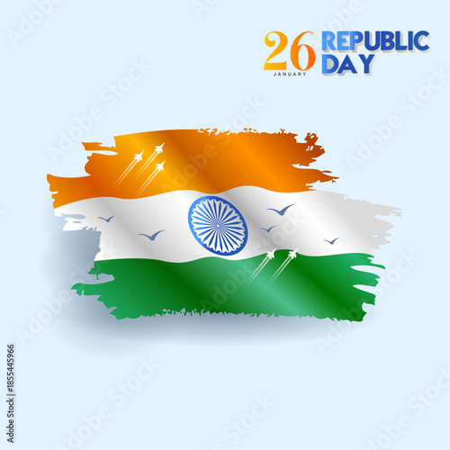 Artistic Indian national flag created in brush stroke paint style with jets flying across. Perfect for creative posters, art campaigns, social media, and Republic Day promotions.