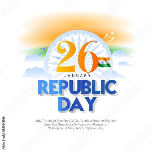 A stylish Republic Day vector with 26 inside Ashoka Chakra, flying jets, and flag elements. Great for branding stamps, school badges, posters, and national event promotions.