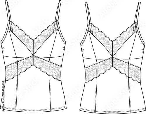 Womens Lace Trim Cami Top Technical Flat Sketch with Adjustable Spaghetti Straps and Bust Seam Detail Vector Template Illustration for Fashion Design
