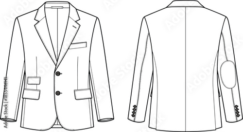 Men’s blazer technical flat sketch, front and back view, notched lapel, button detail, fashion cad drawing, vector illustration, tailoring